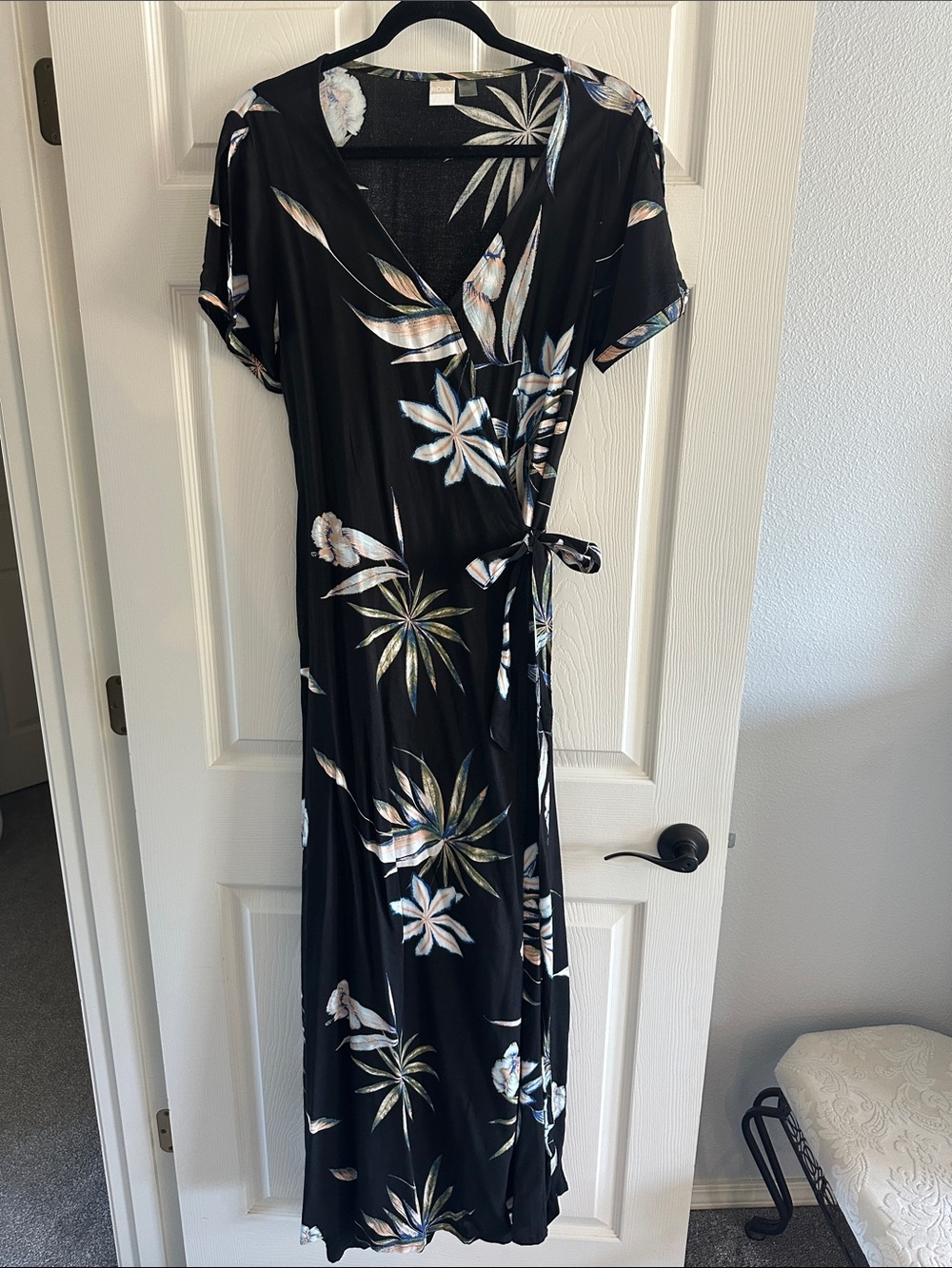 Roxy Black Floral Wrap Maxi Dress with Pale Blue & Cream Leaves